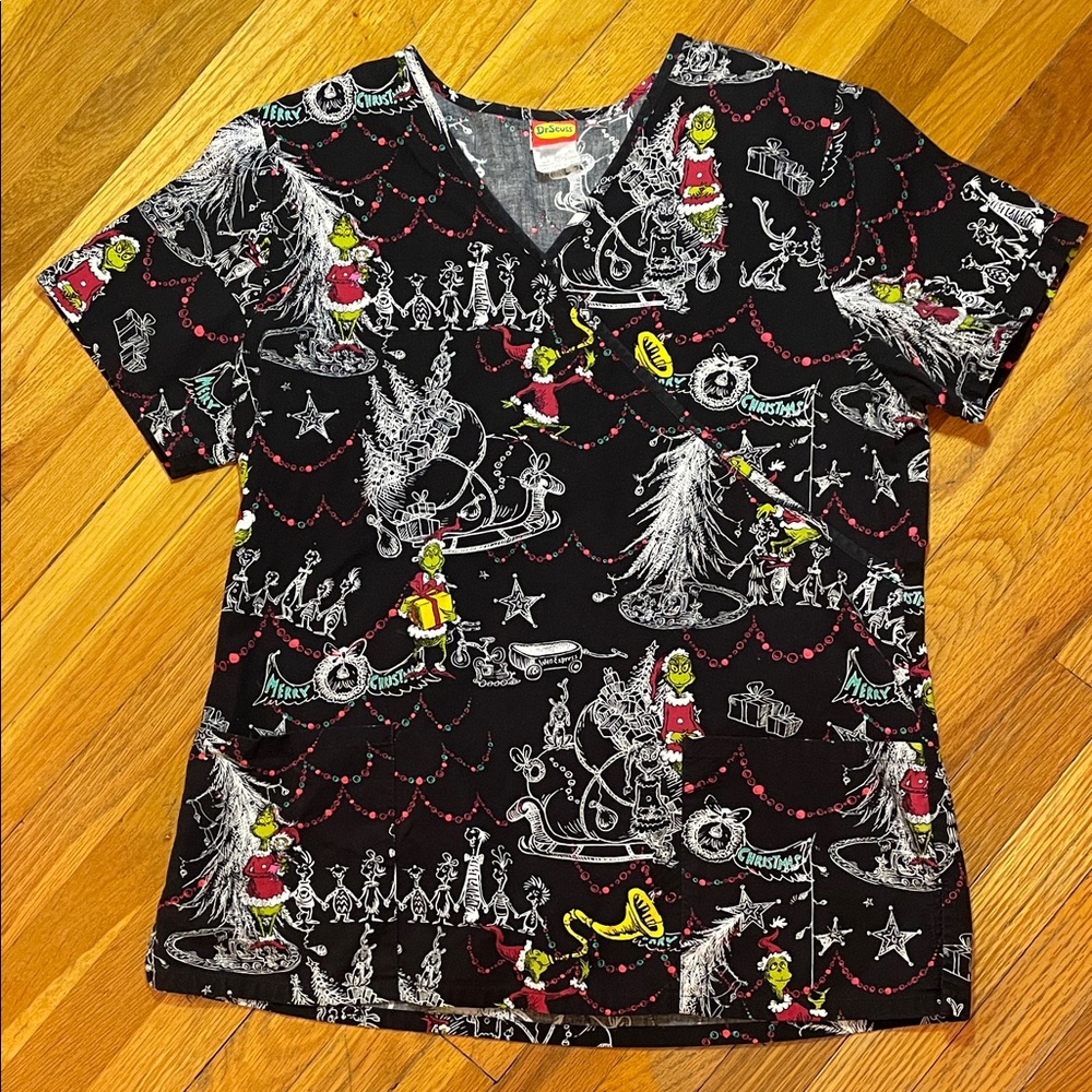 GRINCH XMAS Scrub Top Dr Seuss Christmas Ladies Black Grinch Character Graphics